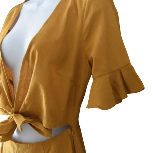NWT ASOS || Jumpsuit Mustard Yellow Waist Tie Flutter Sleeve Wide Leg Sz 2 TALL - Picture 6 of 11